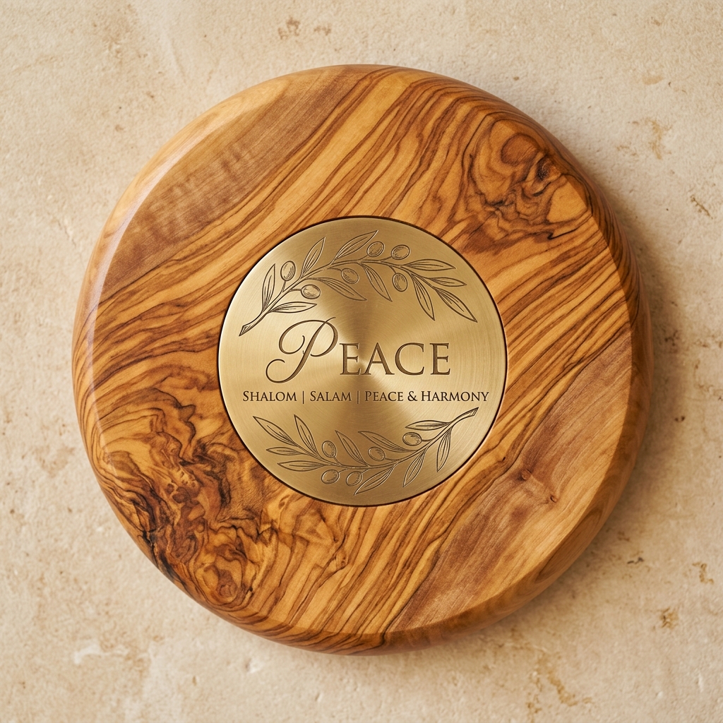 Jerusalem Olive Wood & Engraved Brass Peace Plaque